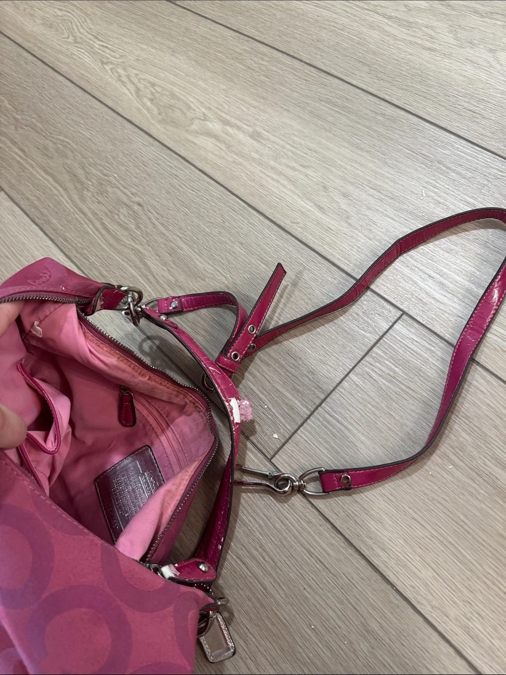COACH Y2K Distressed Madison Signature Optic Pink Satin Shoulder Hand Bag